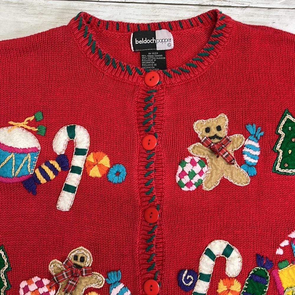 Vintage Beldoch Popper knit ugly Christmas sweater cardigan, large - Picture 2 of 7